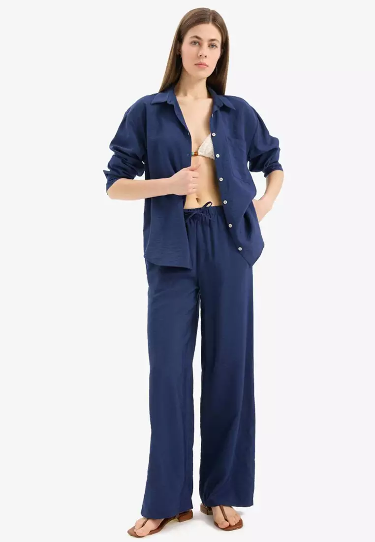 Regular Fit Stretchy Waisted Beach Pants-Fall in Love E1172Ax25Sm