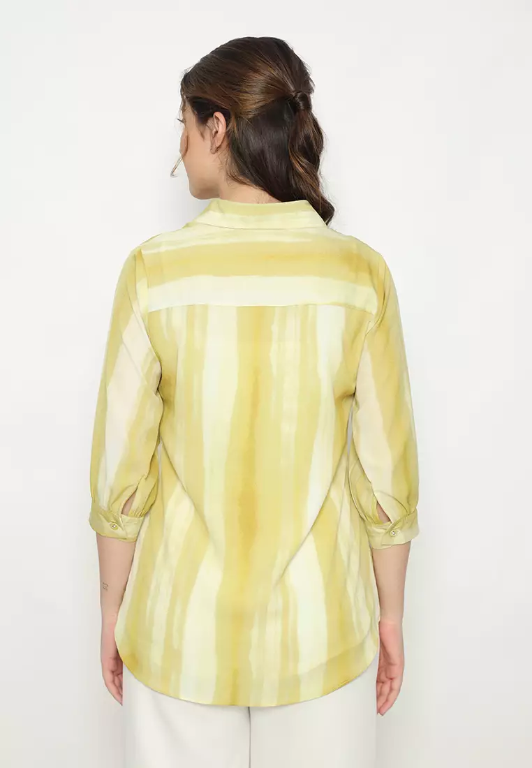 Stripe V neck Blouse Chifon In Yellow By Brilliant Girl Warna KUNING