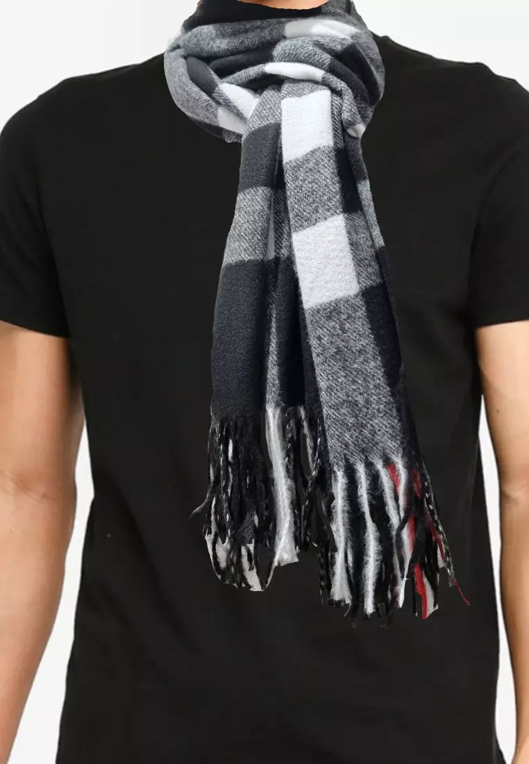 Aksesoris Pria Checked Plaid Cashmere Men's Shawl Syal Pria Black