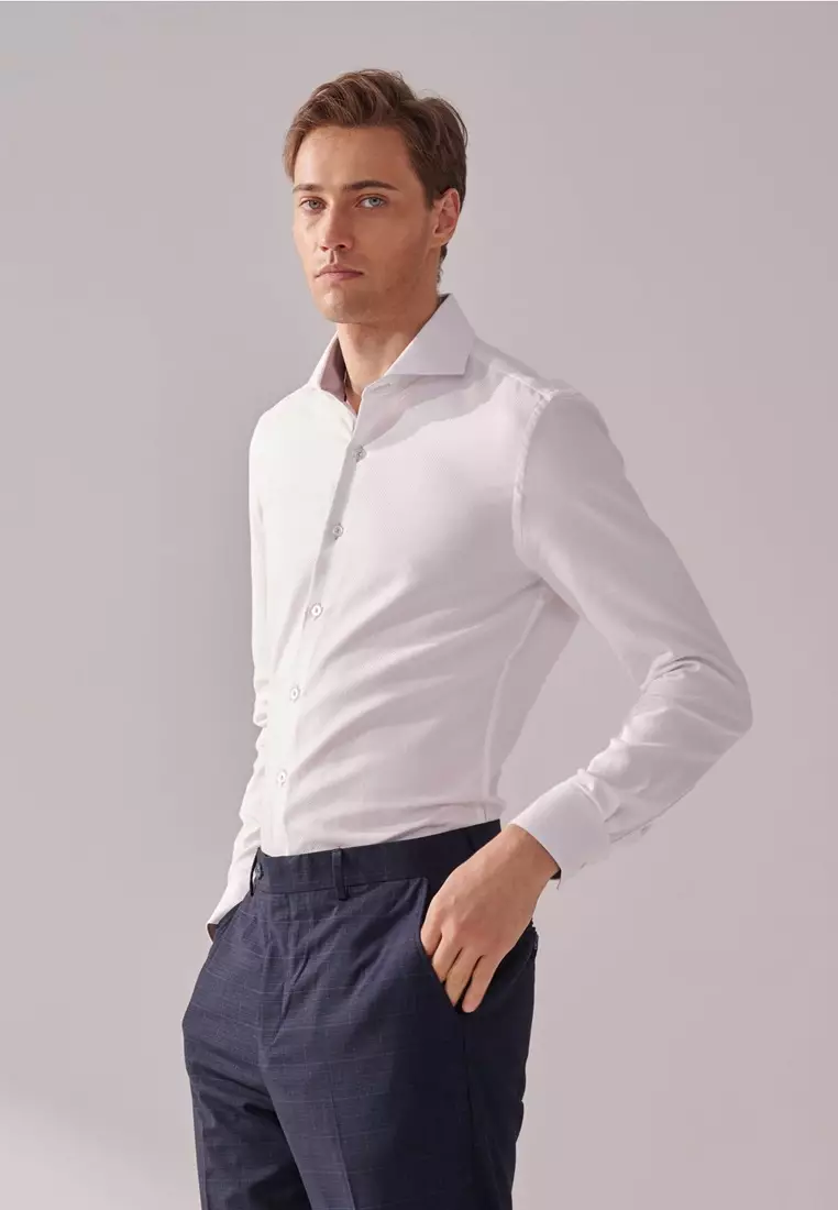 White Textured Slim Fit Shirt