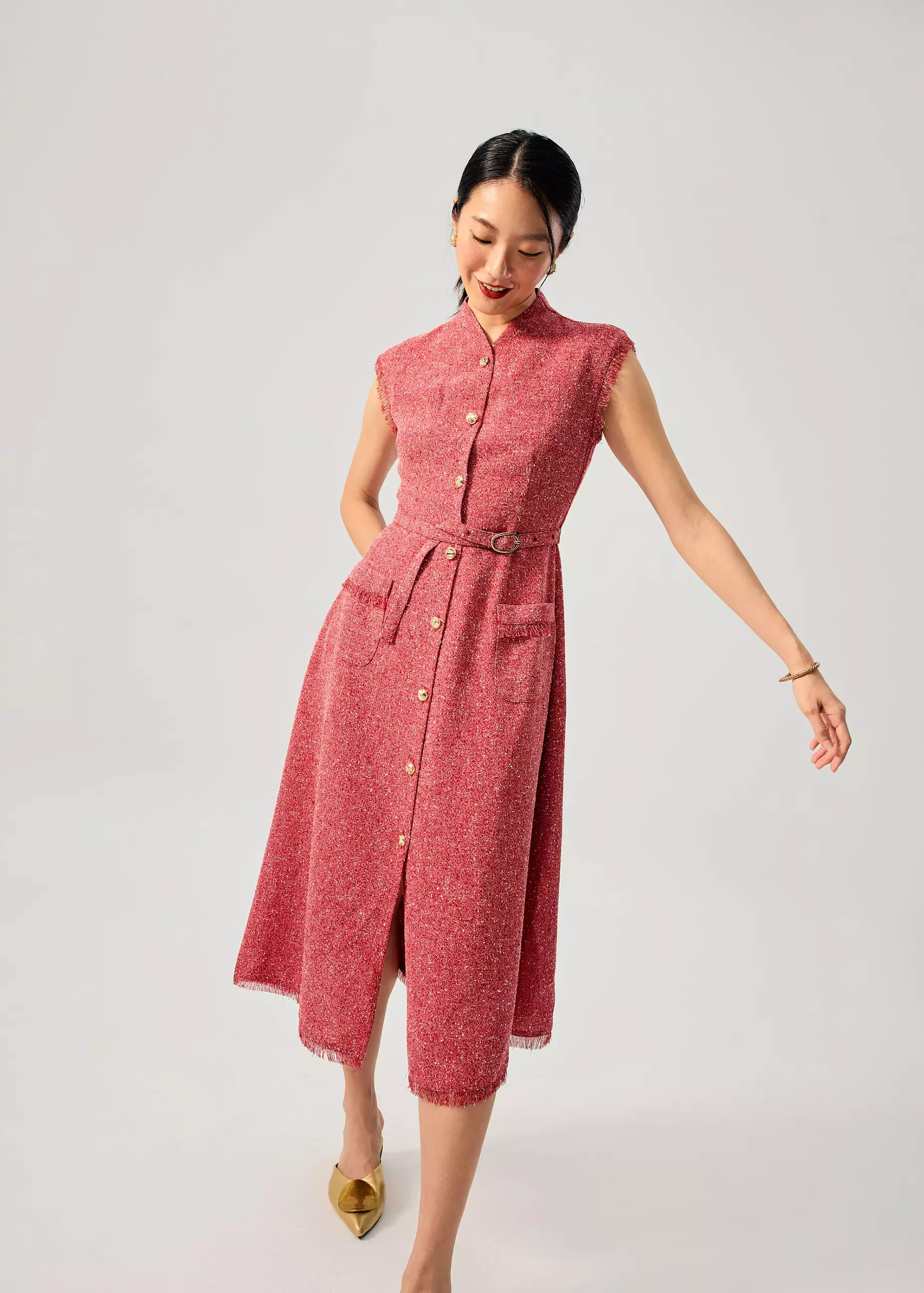 Dress Wanita - Fei Belted Tweed Mandarin Collar Fit & Flare Midaxi Dress