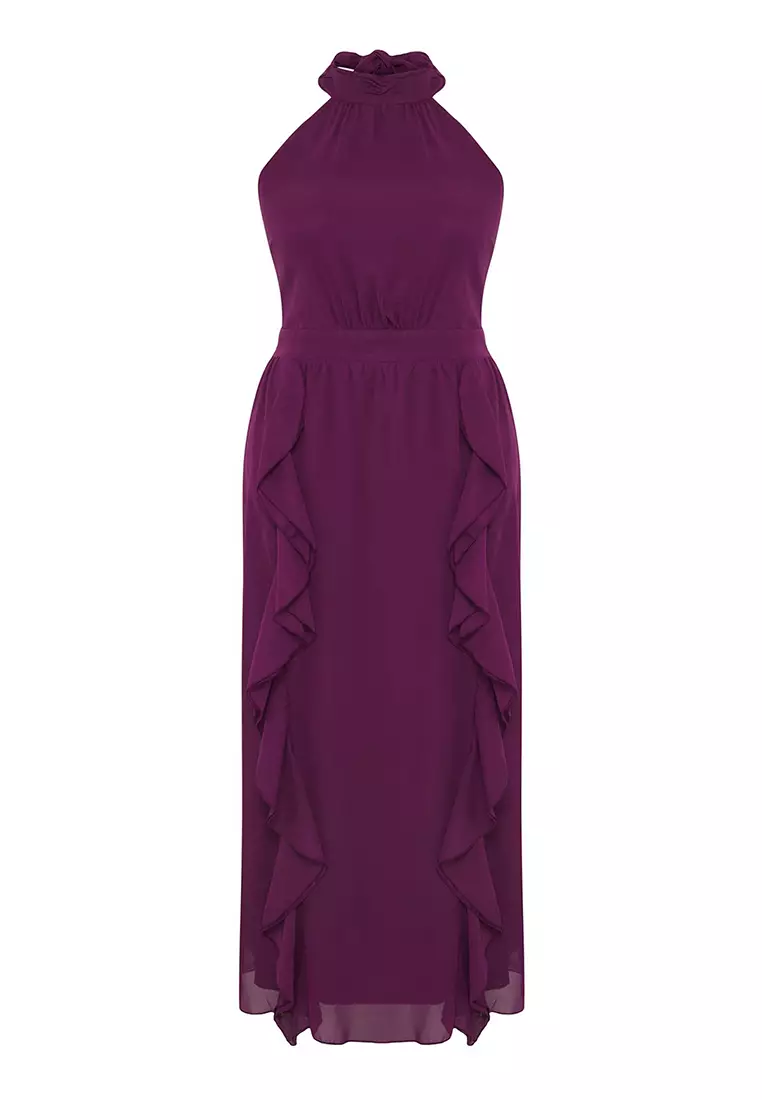 Purple Chiffon Maxi Ruffle Halter Neck Woven Plus Size Dress Tbbss25Ah00170