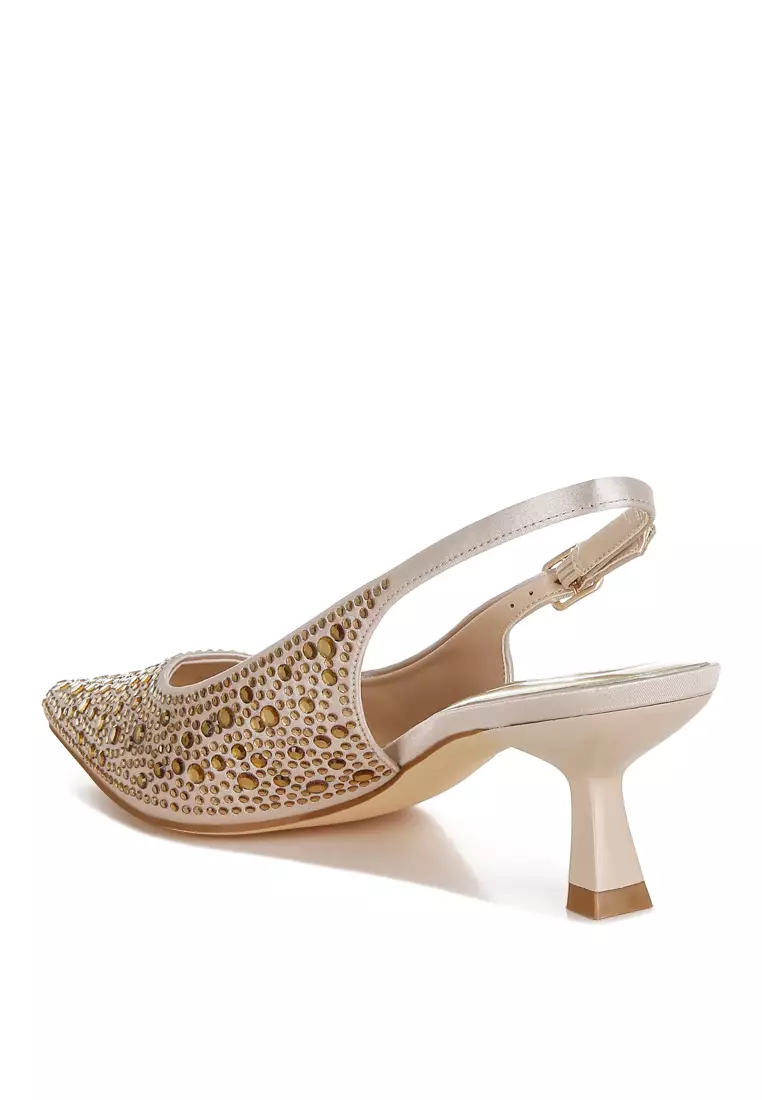 Pointed Toe Rhinestone Slingbacks in Beige