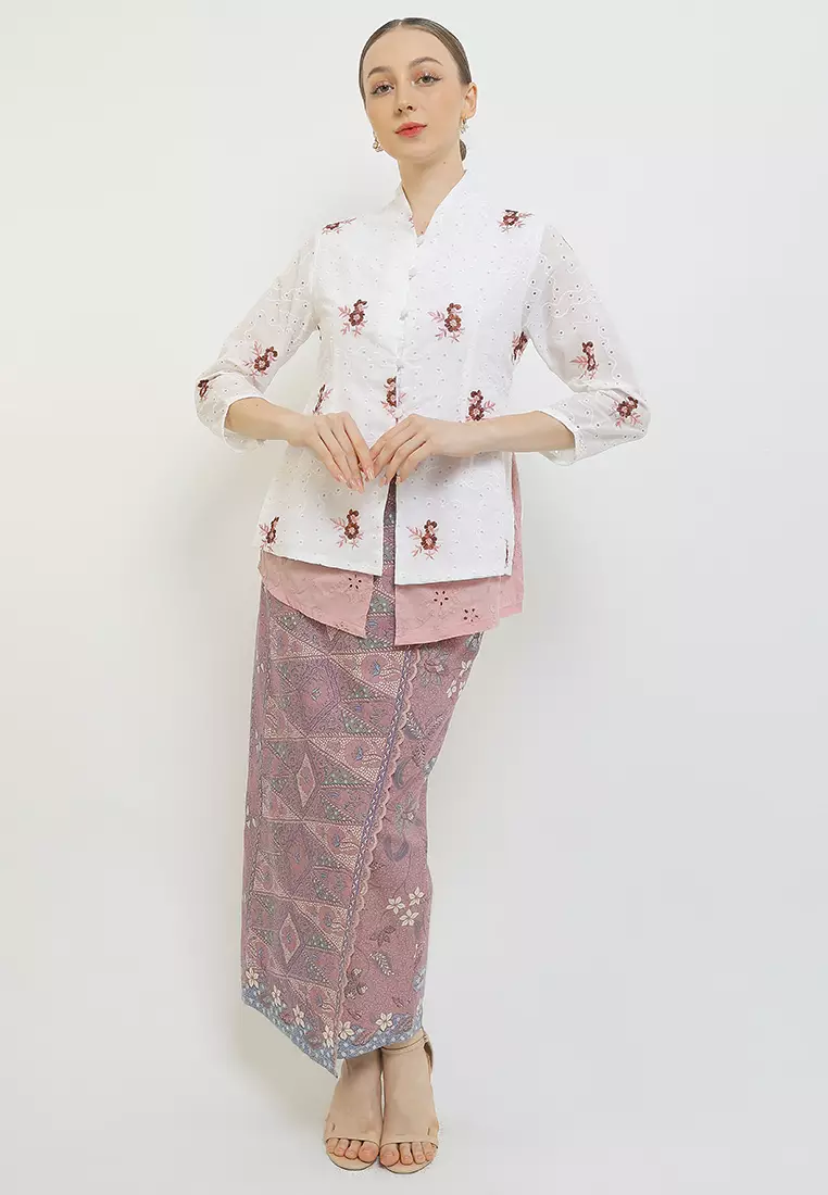 Blouse Atasan Kebaya Kutubaru Embro Modern Wanita Kartini Widuri White Pink Lengan Panjang