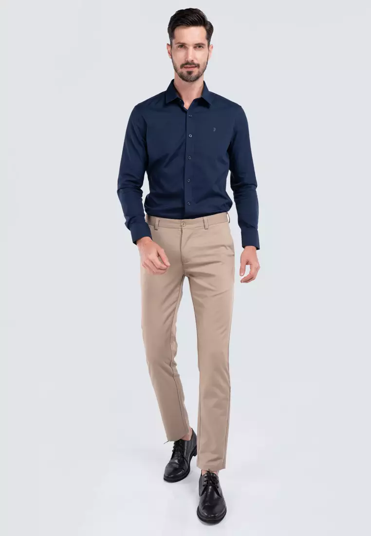 Navy polo and khakis top