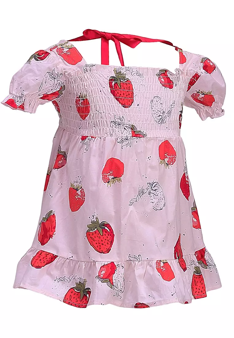 Bianca Gaun Anak Perempuan Motif Strawberry Kids Dresses Short Sleeve Material Cotton ORIGINAL - Pink