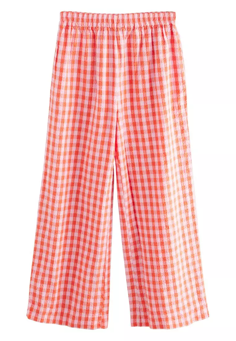 100% Cotton Textured Gingham Wide Leg Trousers