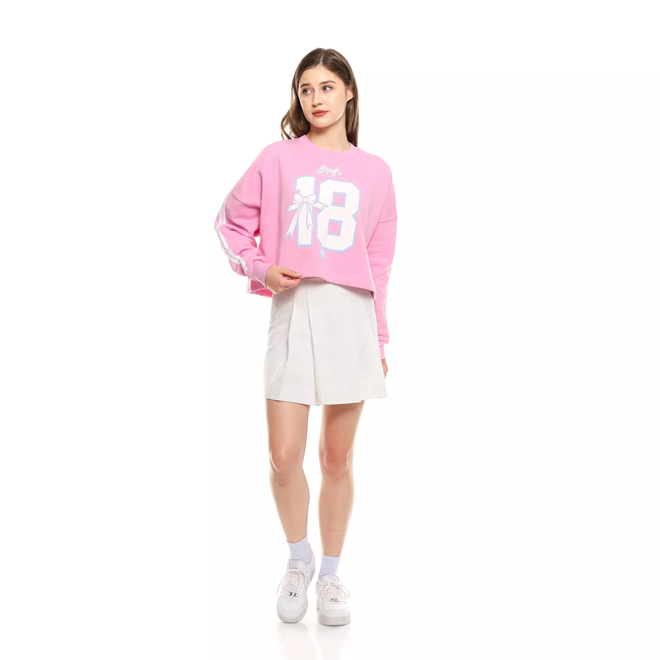 Enough For Today - Sweater Crop Oversize Crewneck Wanita Coquette 18 Pink Variasi Garis