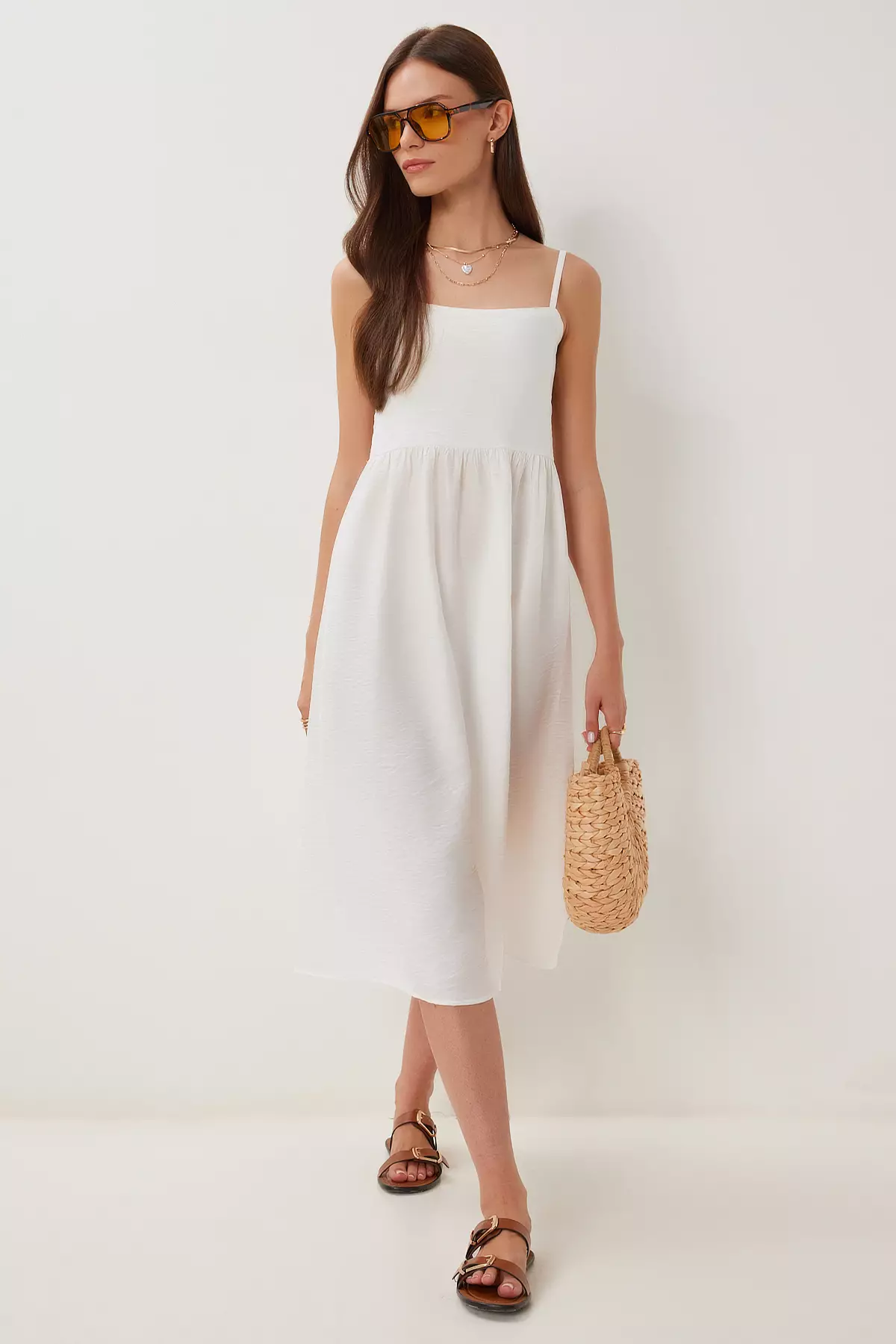 Women's Ecru Strap Summer Midi Ayrobin Dress Dd01357