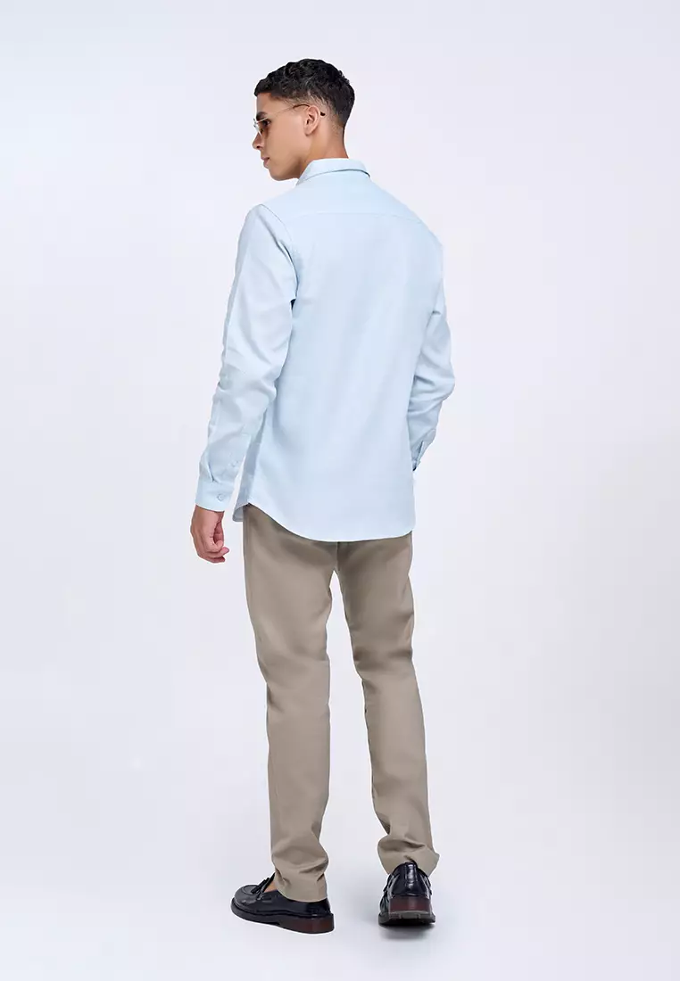 MANZONE - Kemeja Dobby Lengan Panjang Pria Ami 5 Slim Fit - Blue Warna Blue