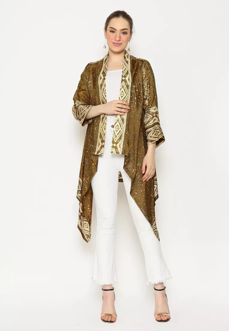 Rinjanie Batik - Bolero Ayam - Bolero Asimetris Olive Green - Outer Batik Modern - Outer Batik Wanita - Outer batik kekinian - Batik Cap Mix - JMWN-HO