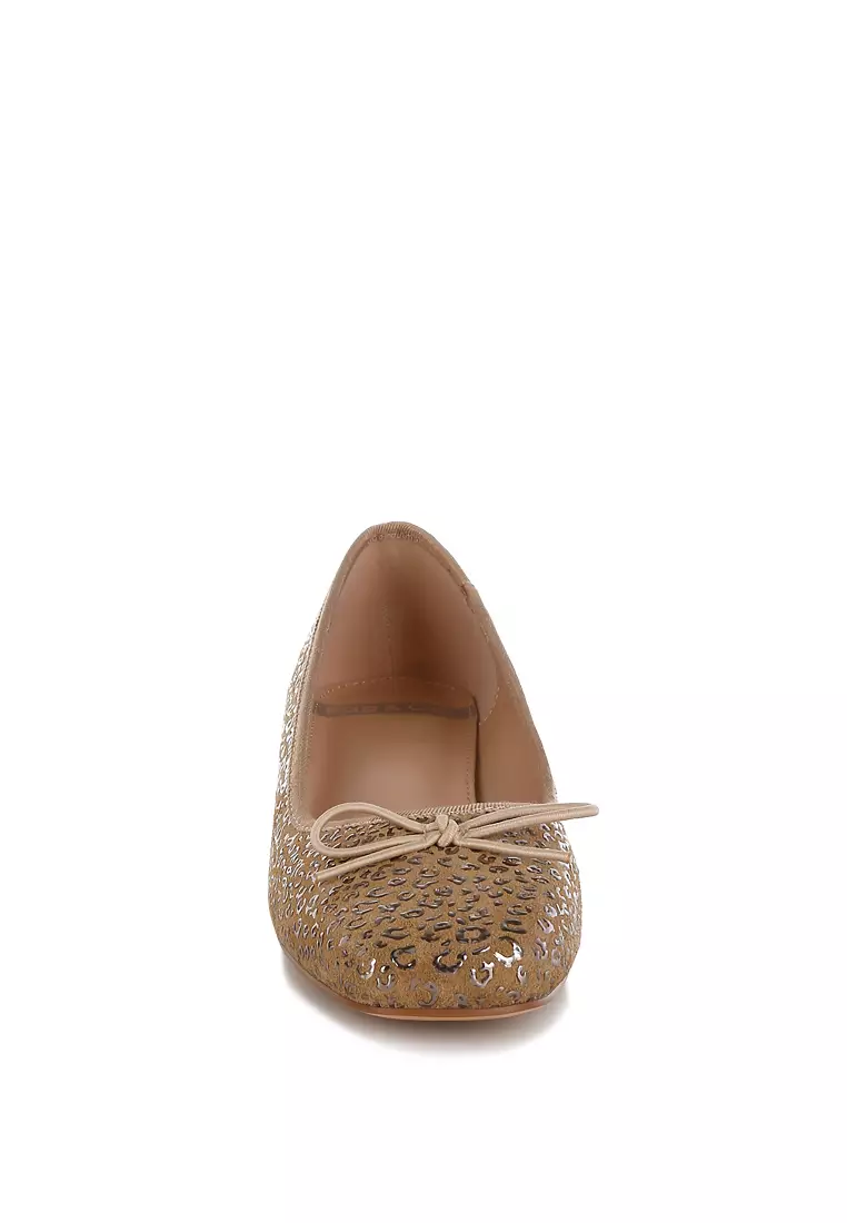 Sepatu Balerina Hak Blok Motif Macan Tutul Warna Coklat Muda