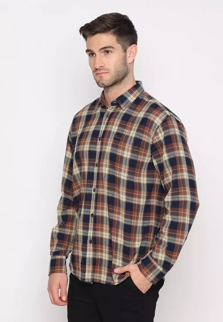 POLICE Kemeja Kotak Twill Coklat Regular Fit Lengan Panjang Pria