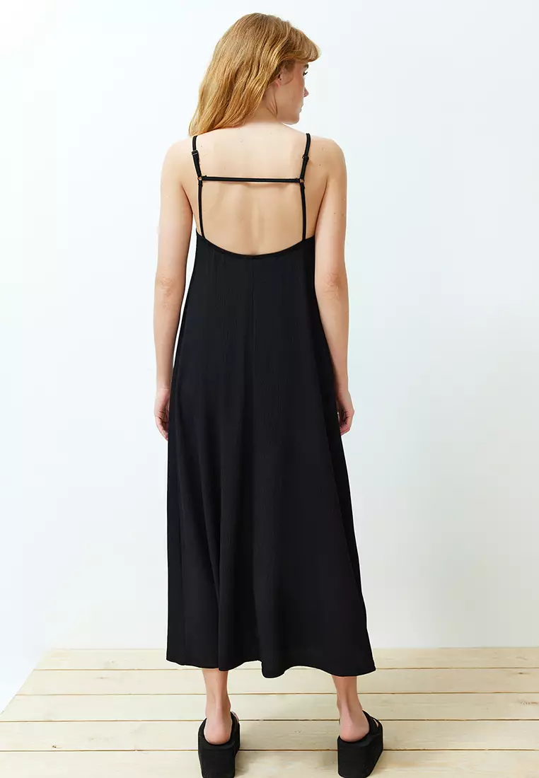 Black Adjustable Straps A-Line Crepe/Textured Knit Maxi Dress