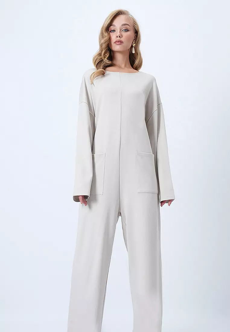 Crew Neck Back Zippered Relaxed Cut Jumpsuit