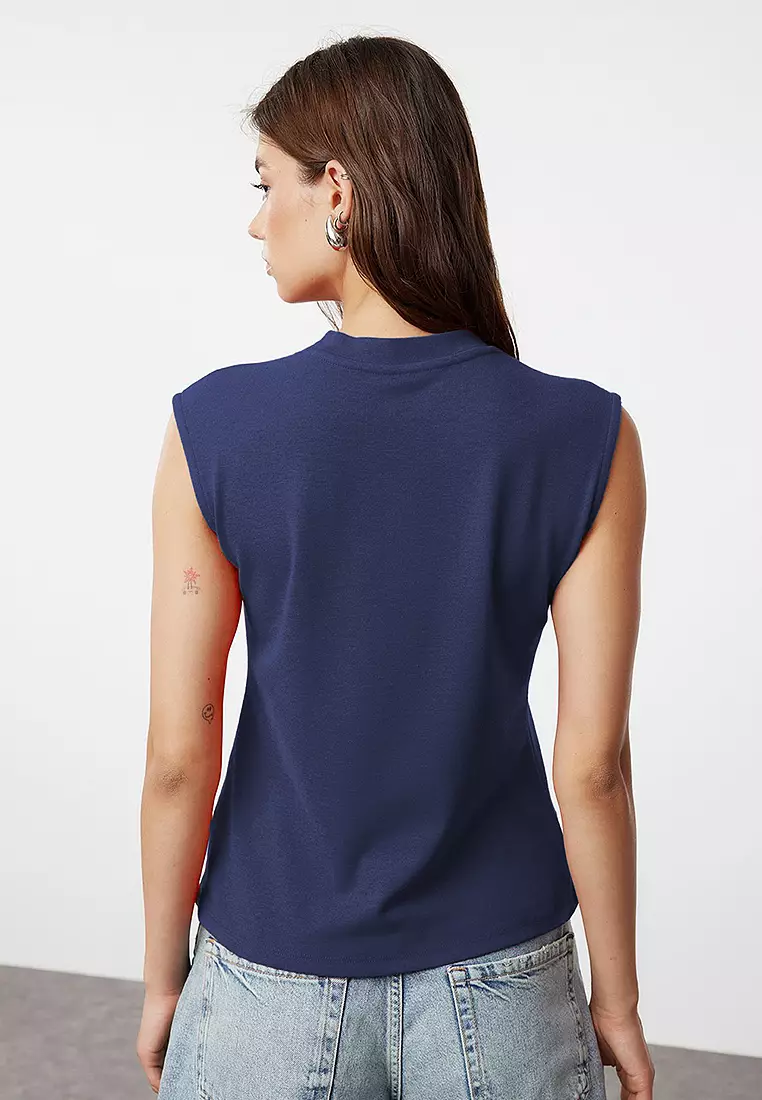 Indigo Soft Fabric Fitted Flexible Knitted Blouse