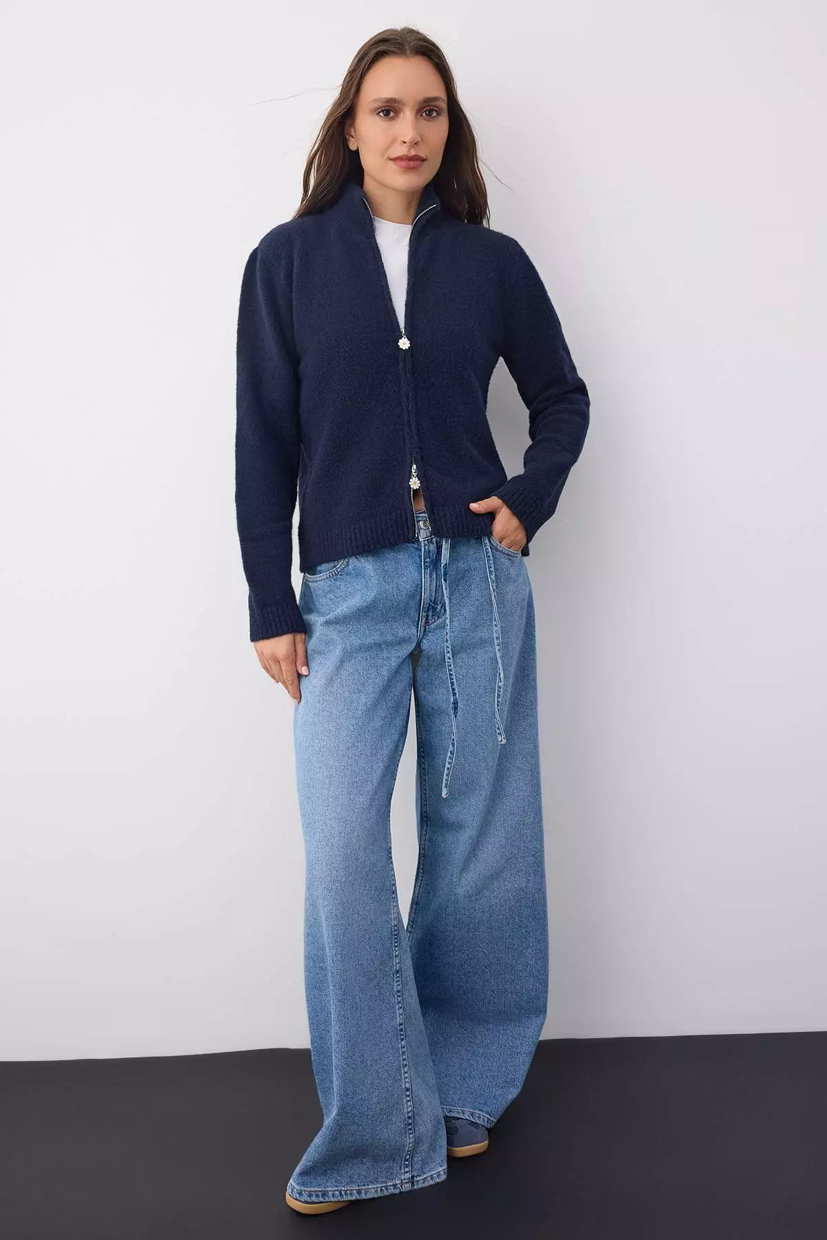 Wardrobe Essentials Navy Blue Wool Zippered Stand Collar Daisy Knit Cardigan |