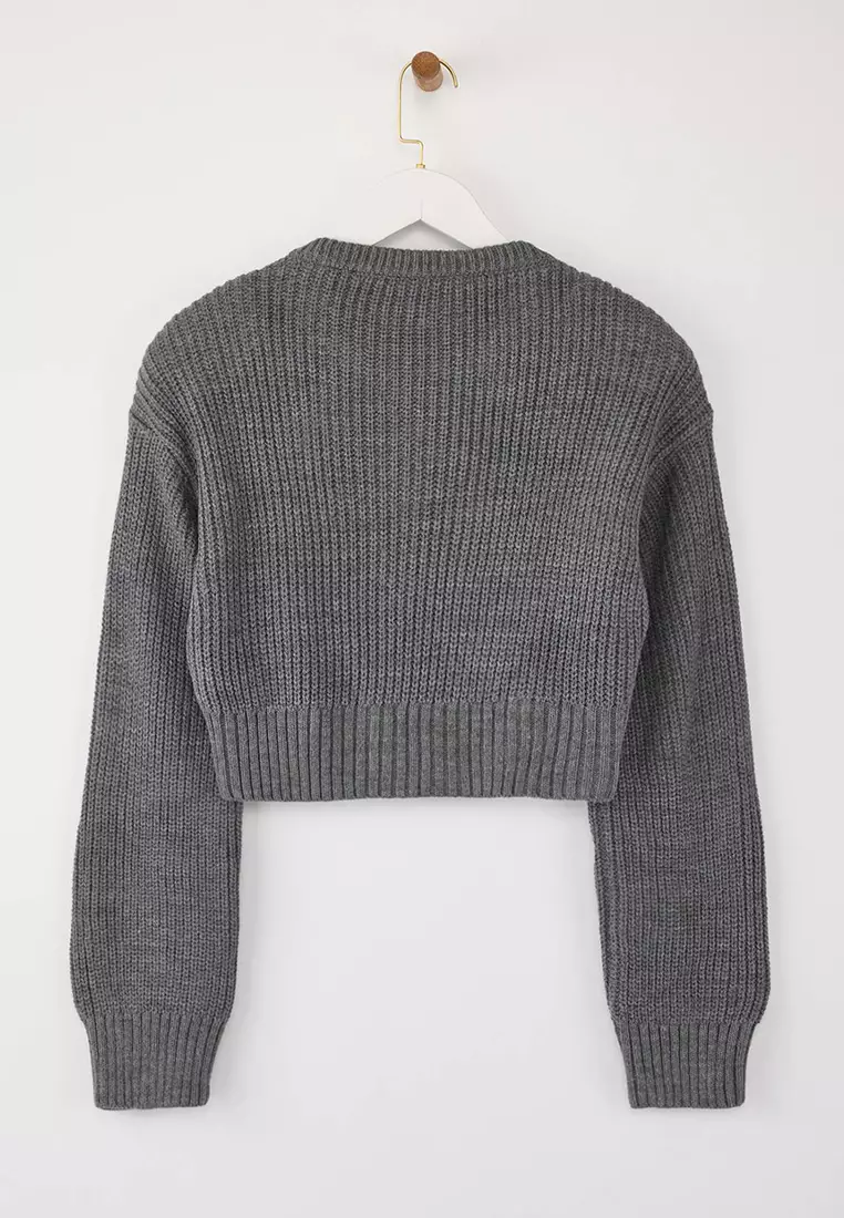 Anthracite Crop Vatka Zipper Detailed Knitwear Cardigan