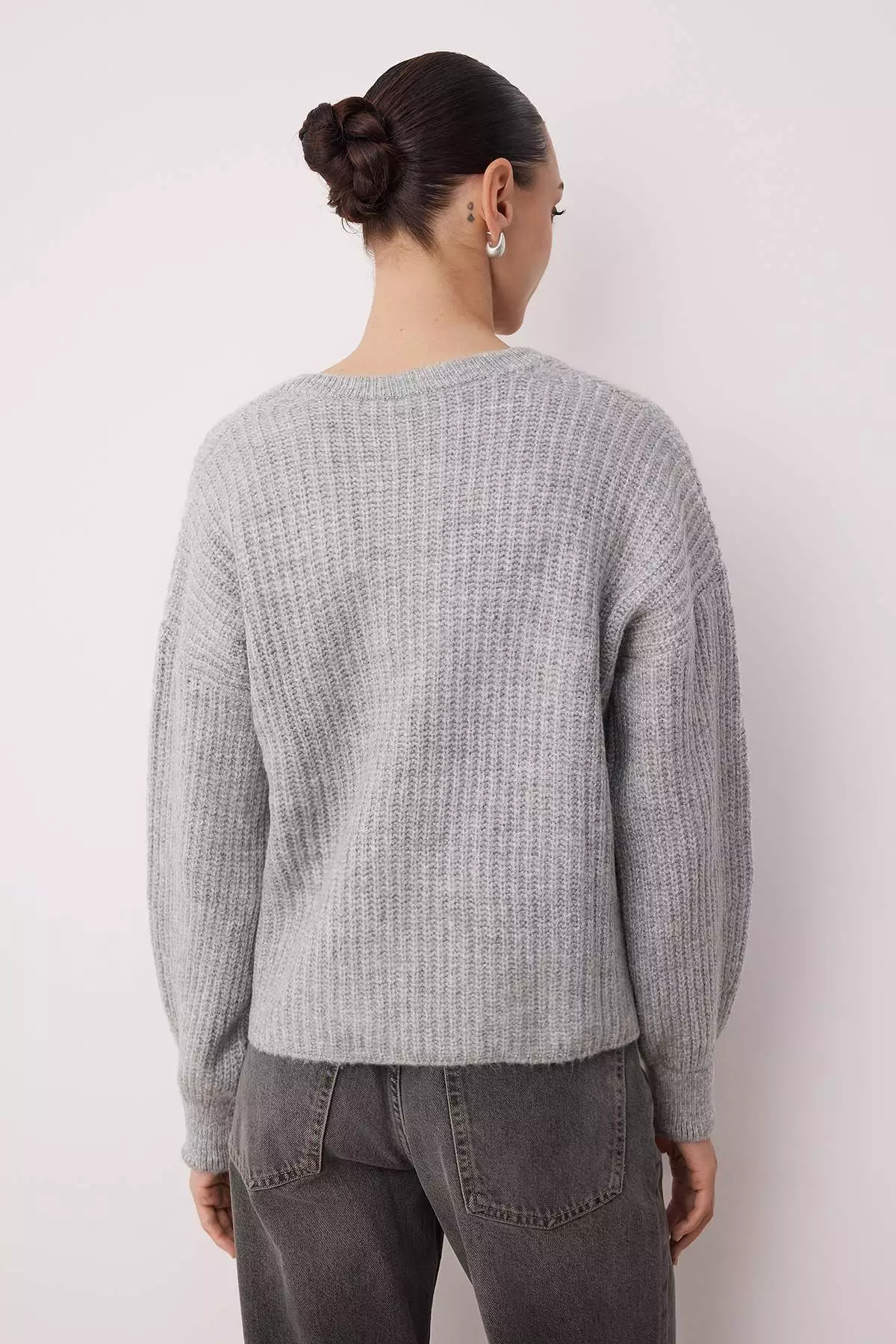 Gray Soft Textured Wide Fit Basic Knitwear Sweater