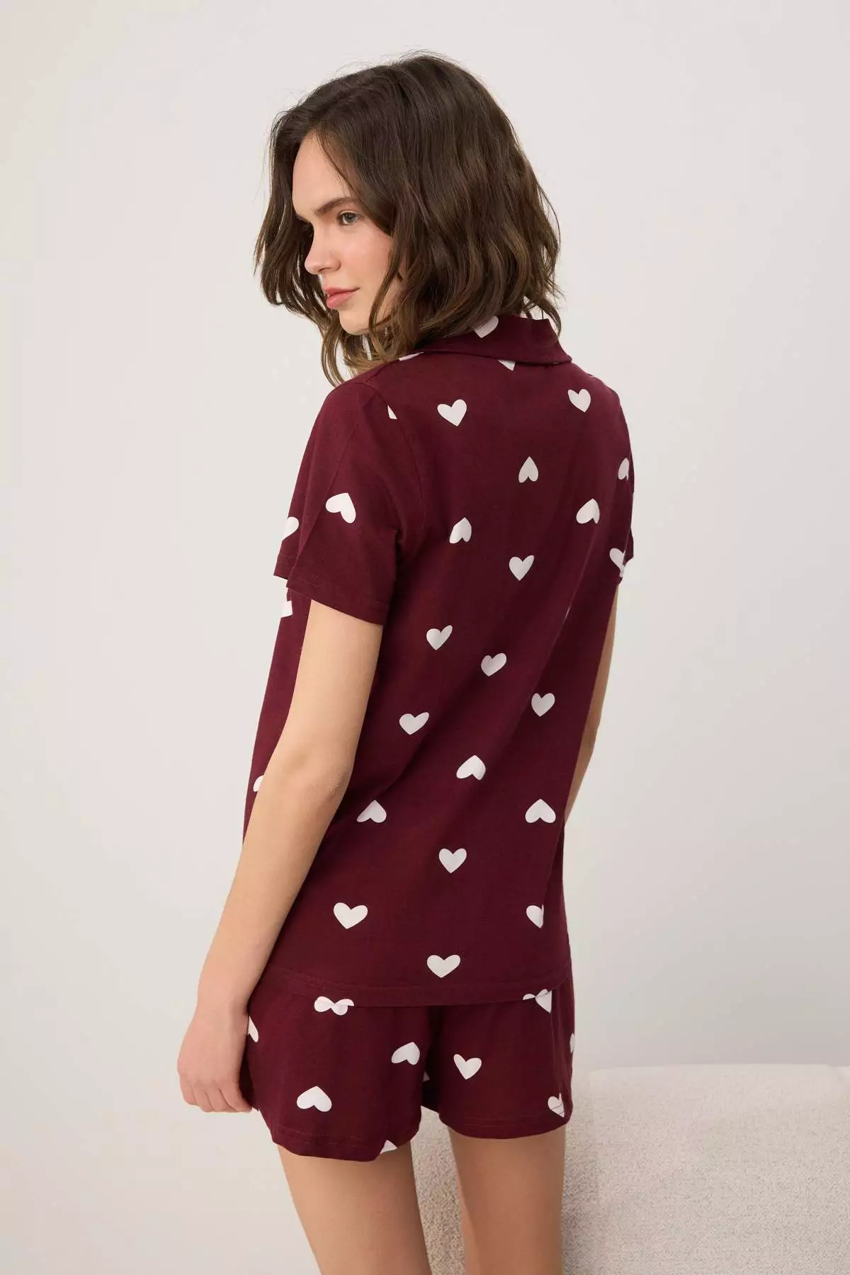 Burgundy 1% Cotton Heart Not Available 3/1 Openend Single Jersey Knitted Pajama Set Thmss21Pt756