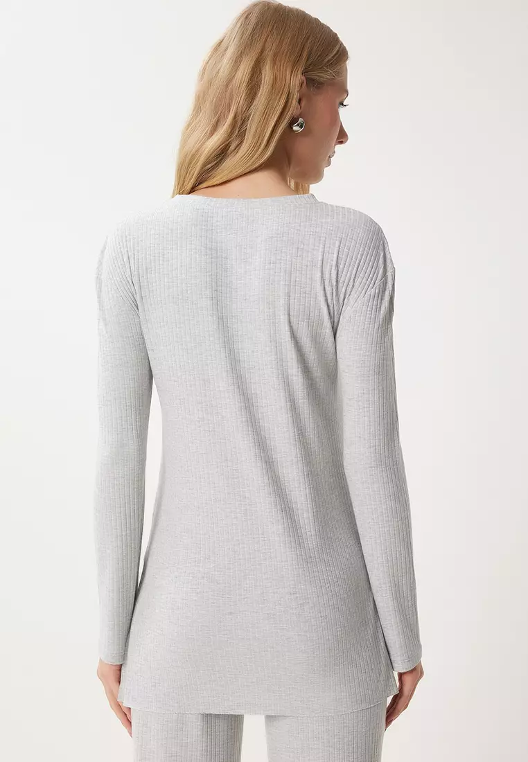 Comfortable Ribbed Knitted Blouse Trousers Set