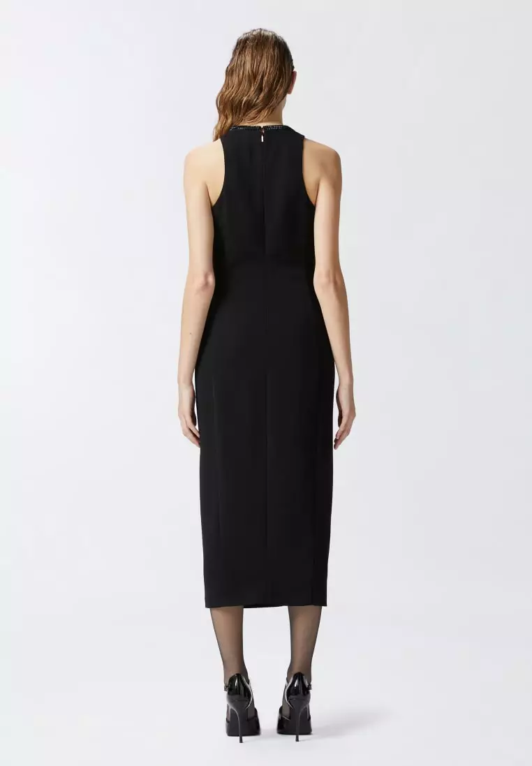 Black sheath dress with rhinestoned neckline