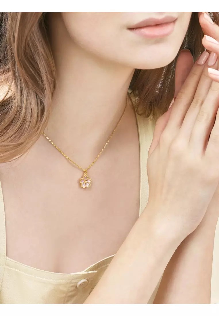 999.9 24K Solid Gold Dazzling Mother of Pearl Cherry Blossom Pendant for Women 93169P  [Not Include the Necklace]