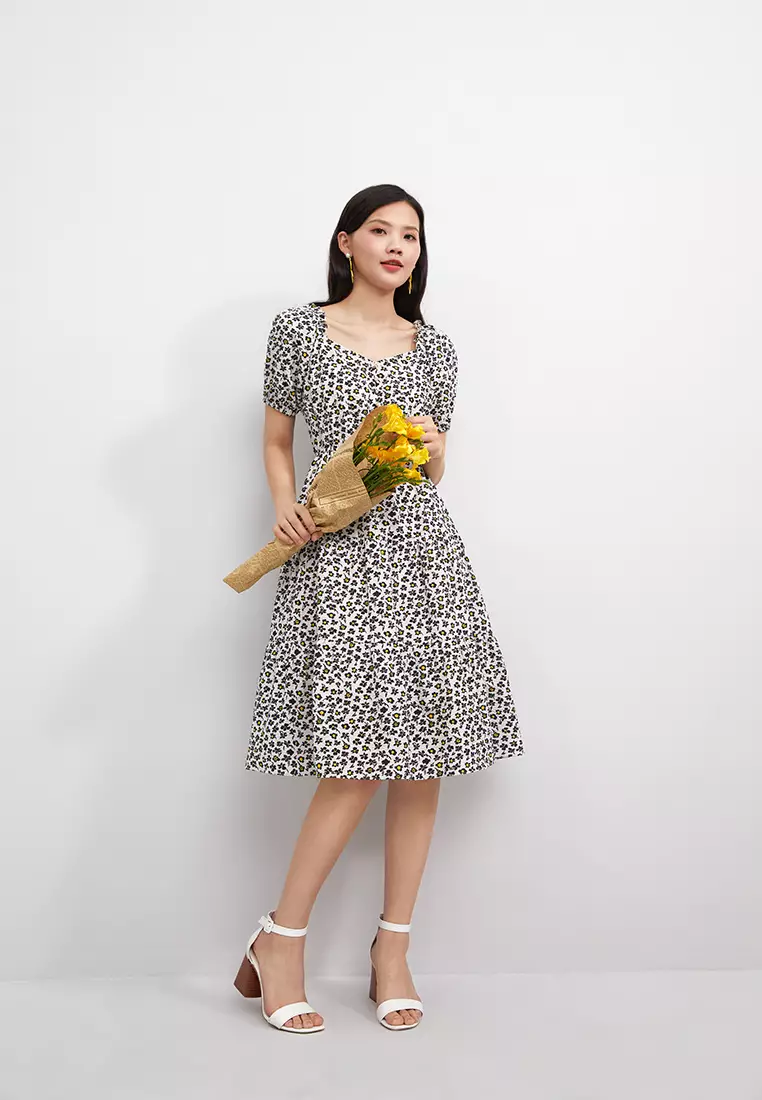 Square Collar Flare Floral Midi Dress