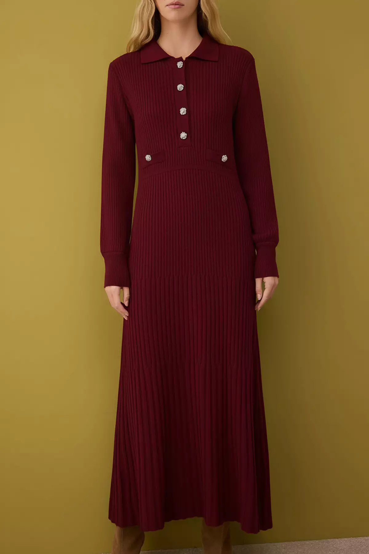 Burgundy Unlined Plain Knitwear Ribbed/Camisole Hijab Dress Tctaw26Eb00012