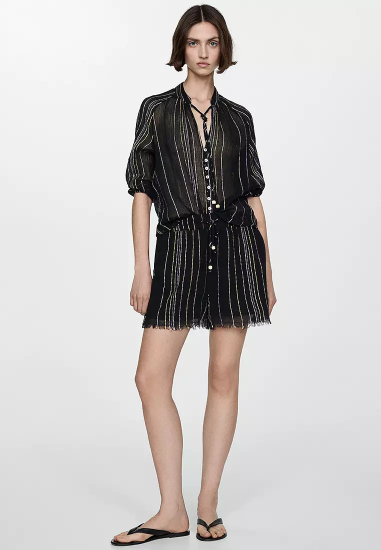 Striped Trousers With Frayed Bottom Hem