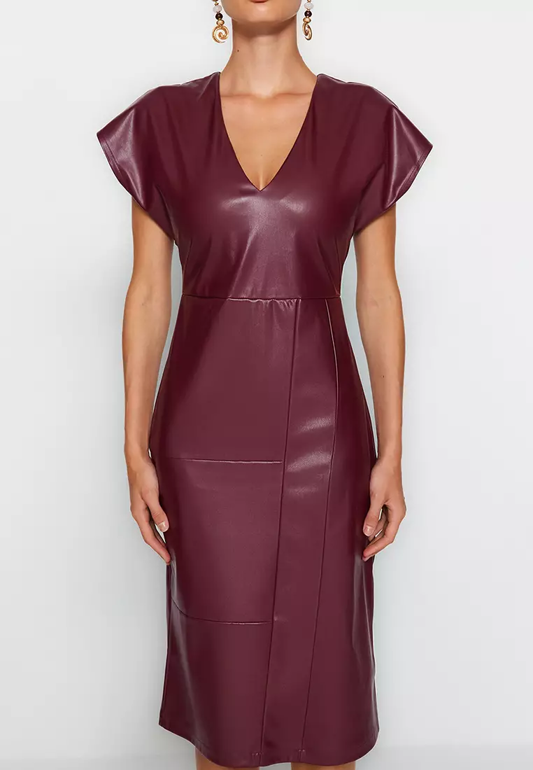 Faux Leather V-Neck Dress