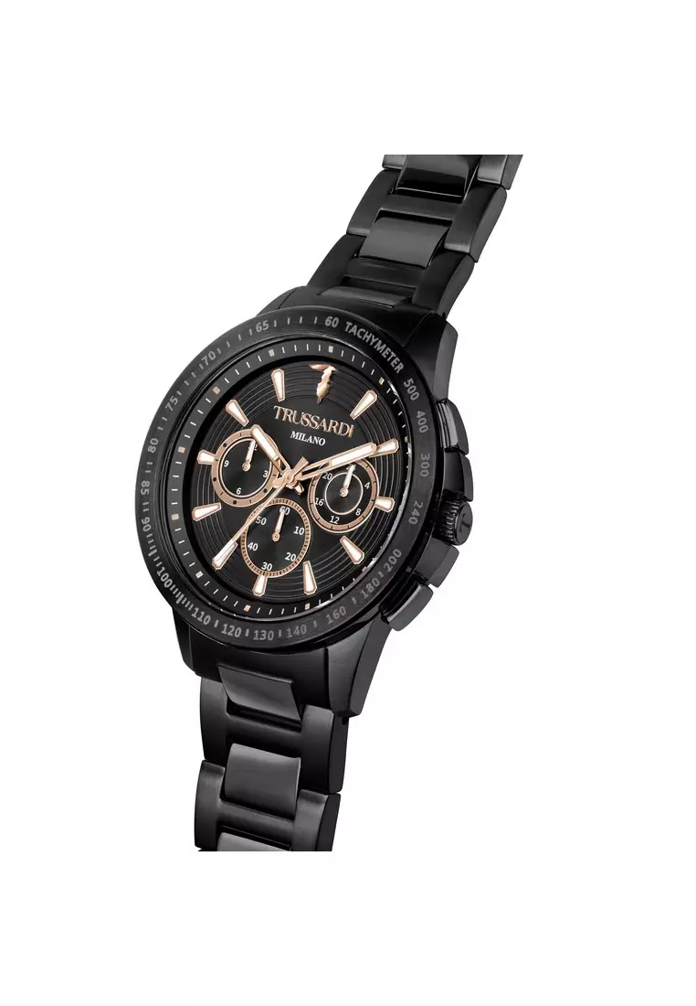【2 Years Warranty】Trussardi T-Hawk 44mm Black Dial Men's Multifunction Quartz Watch R2453153002