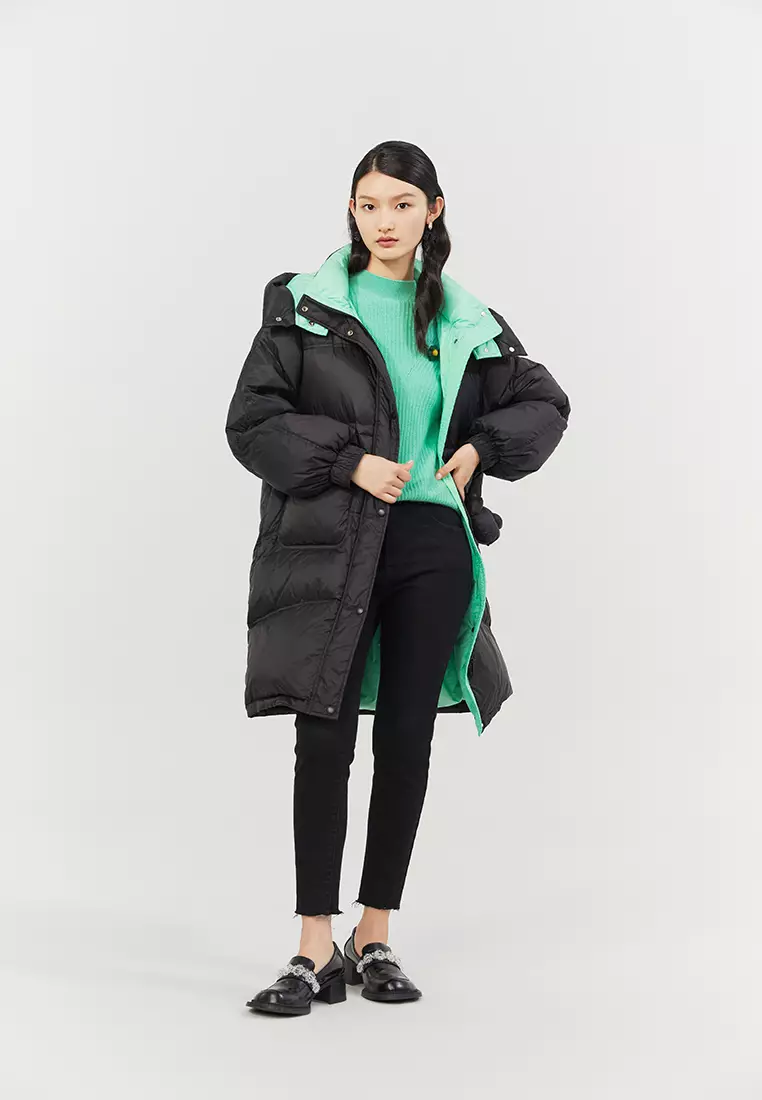Contrast hood nylon mid length puffer coat clearance