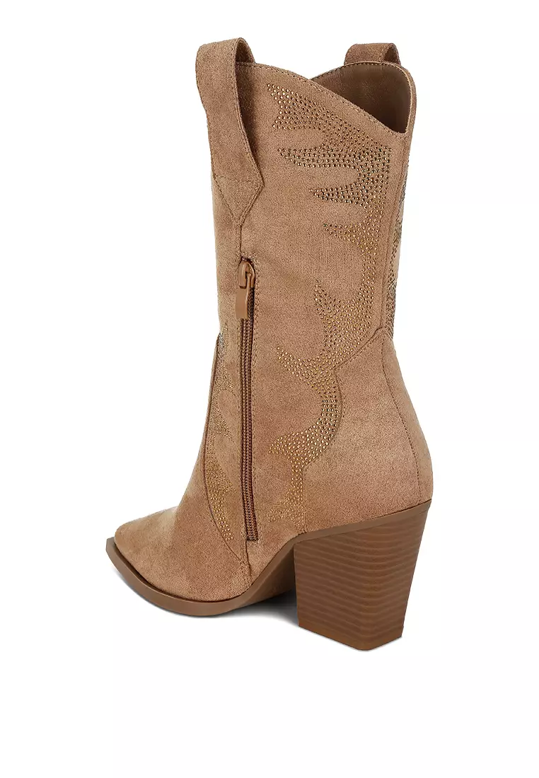 Rhinestones Embellished Calf Boots in Camel