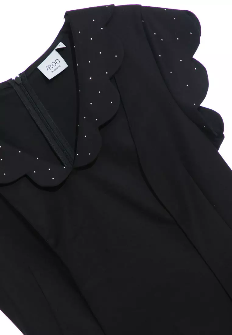 Black Scallop Sleeve A-Line Dress