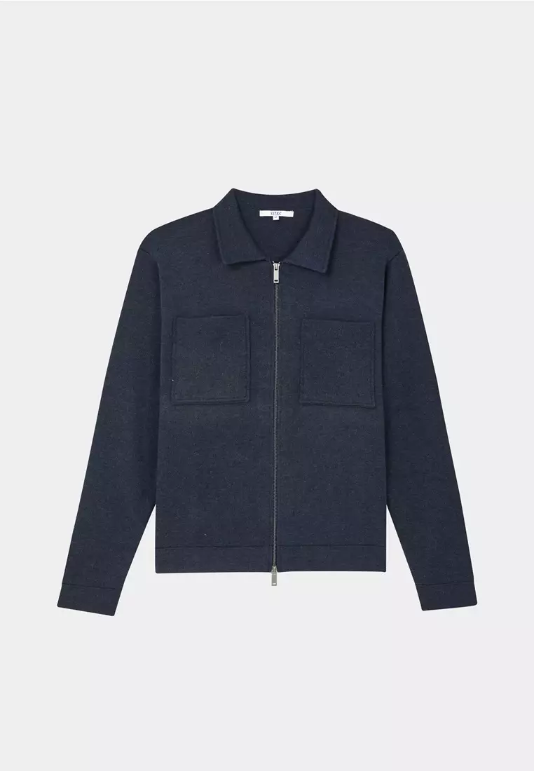 Navy Double-Pocket Full-Zip Cardigan