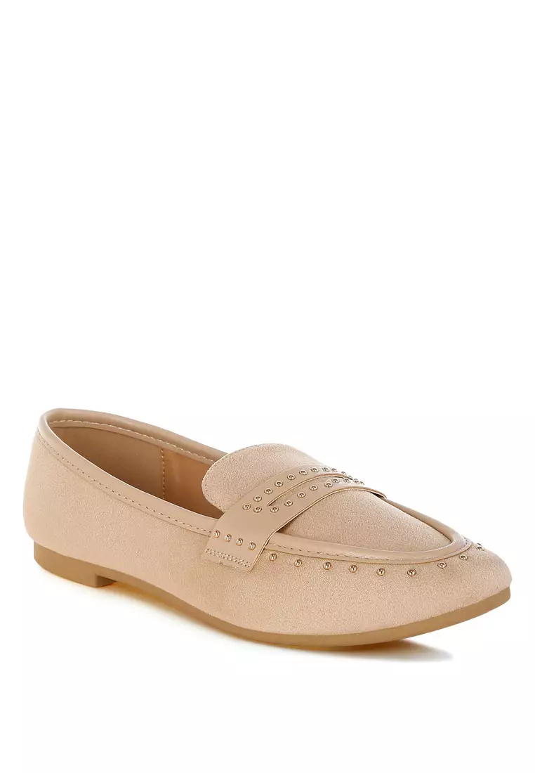 Penny Strap Studded Loafers In Beige