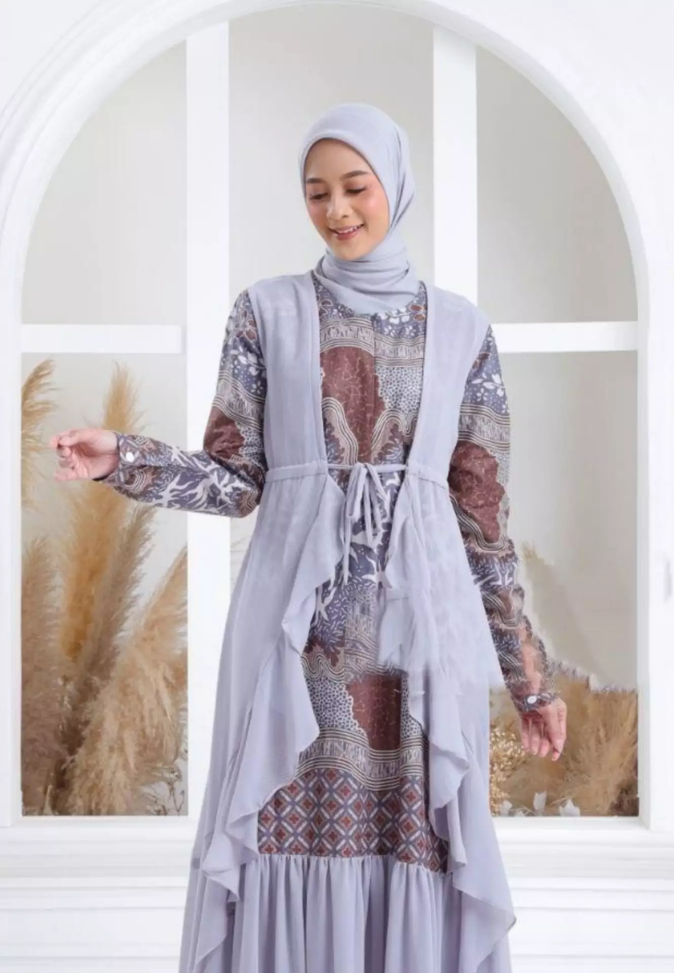 Gamis Batik Nawang Abu Muda Premium Elegant B.K