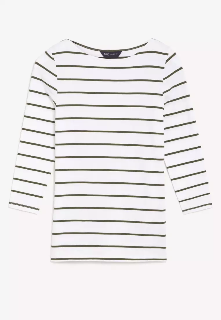 Cotton Rich Slim Fit 3/4 Sleeve T-Shirt, M&S Collection