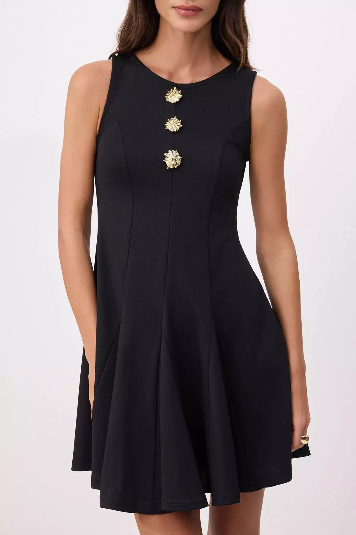 Black Flared From The Waist Sleeveless Buttoned Mini Scuba Crepe Knitted Dress Twoss26El611