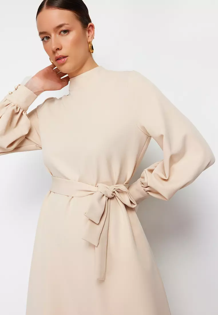 Stand Collar Belt Detailed Dress