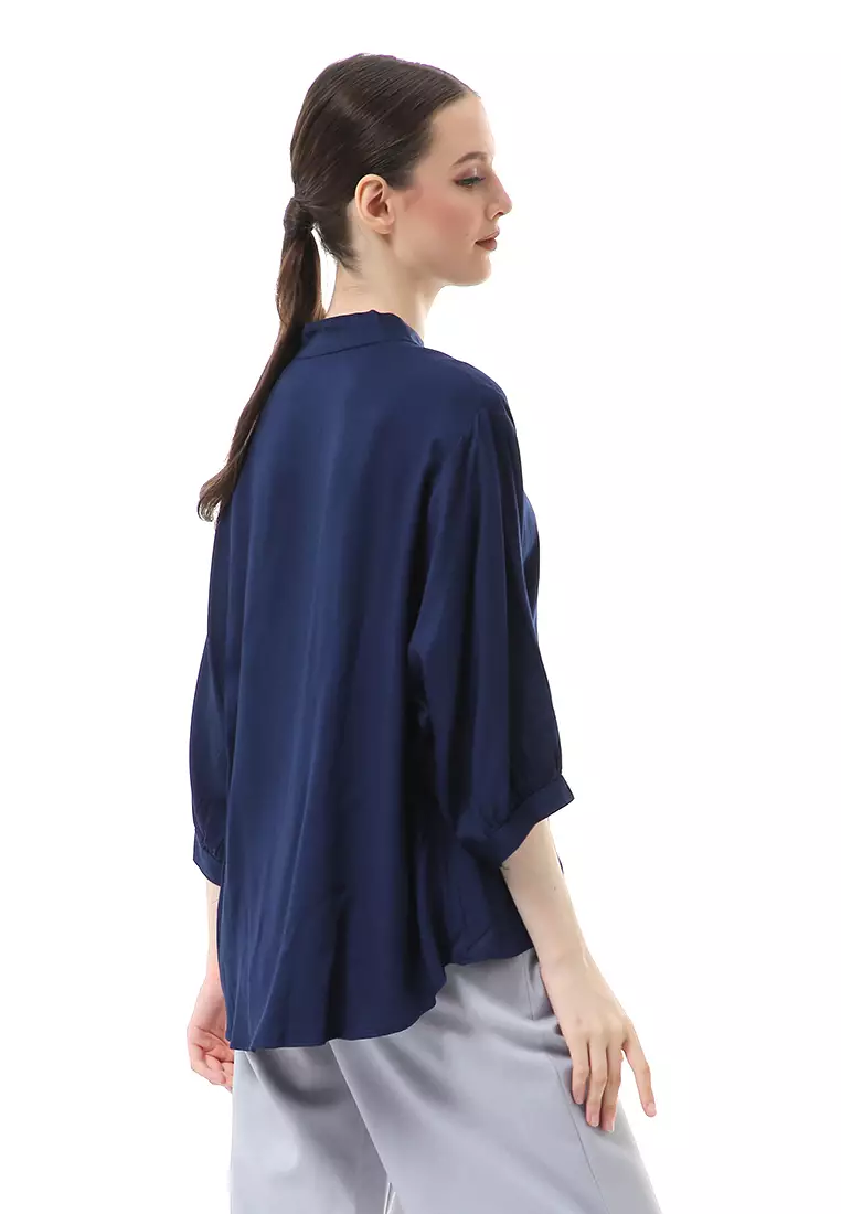 Ghita Kemeja Atasan Wanita Motif Polos Long Sleeve High Quality - Navy