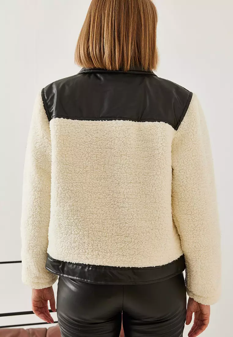 Women's Plush Leather Detailed Puffer Jacket Hk-027 60351218