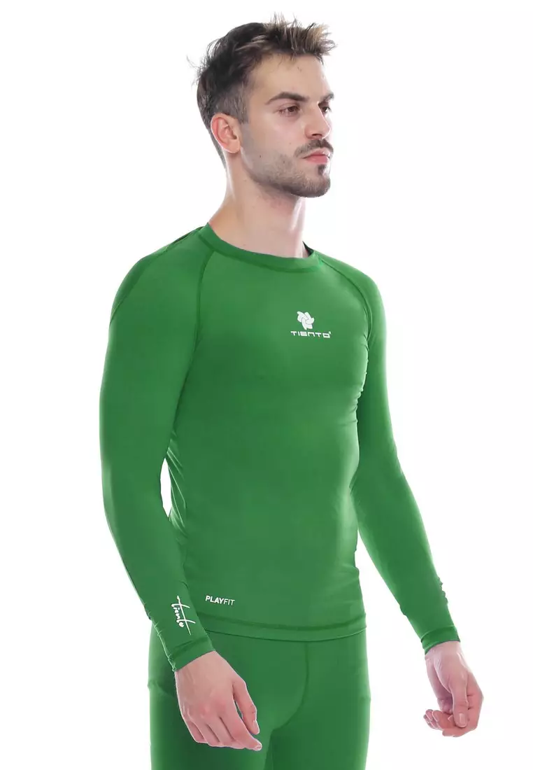 Tiento Man Baselayer Baju Ketat Manset Olahraga Pria Long Sleeve Green Rashguard Sport Original