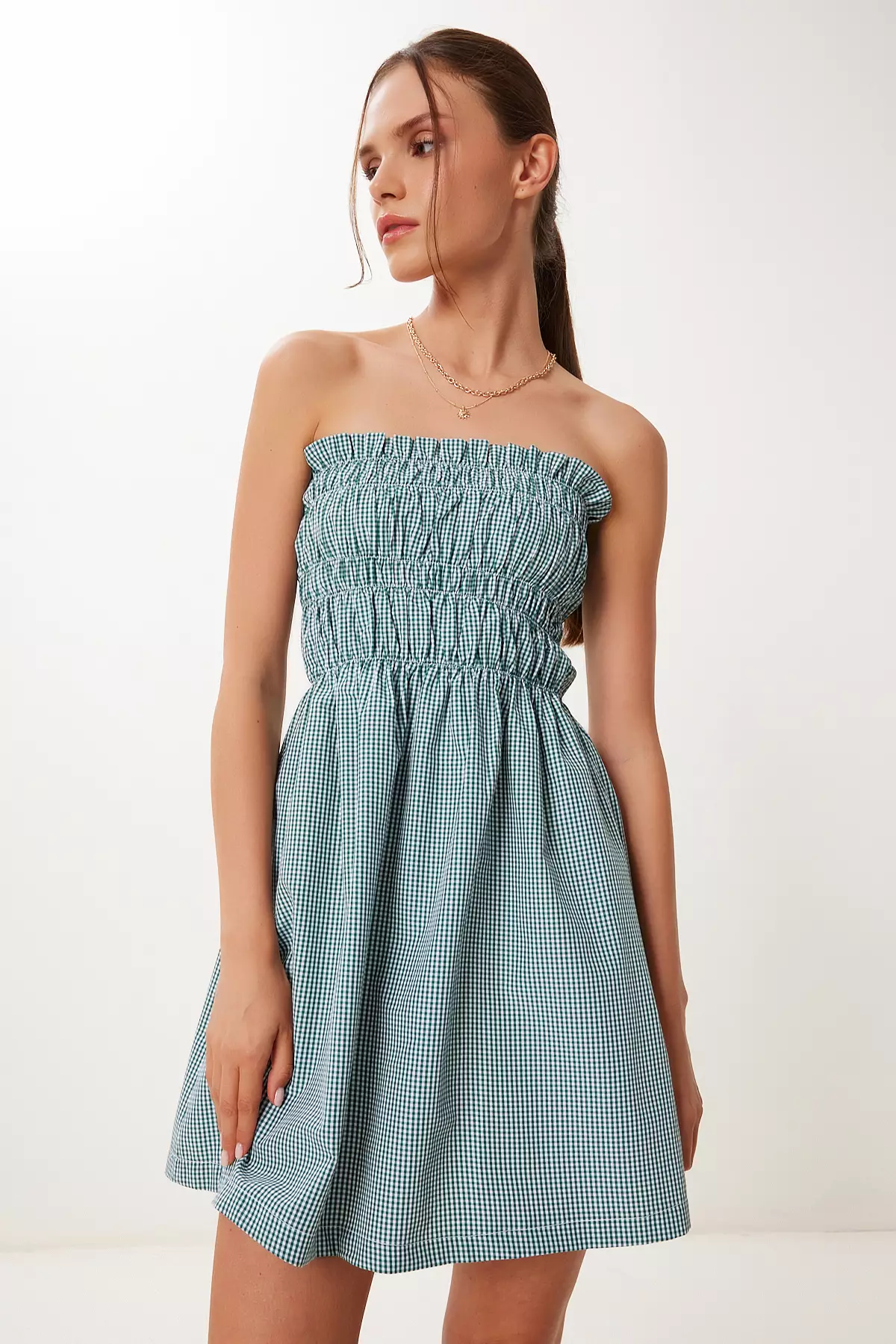 Women's Green Check Strapless Mini Woven Dress Fk00043