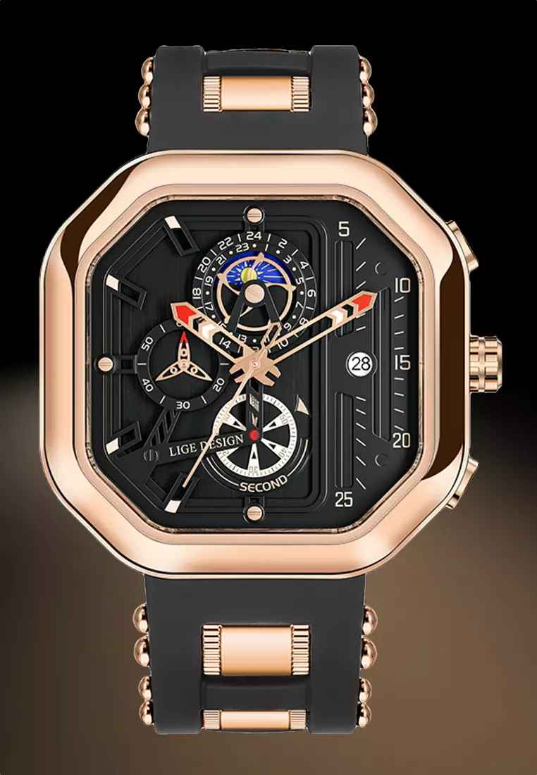 Unisex Chronograph Octagonal IP Rose Gold Color Stainless Steel Quartz Watch, Rubber and Metal Strap
