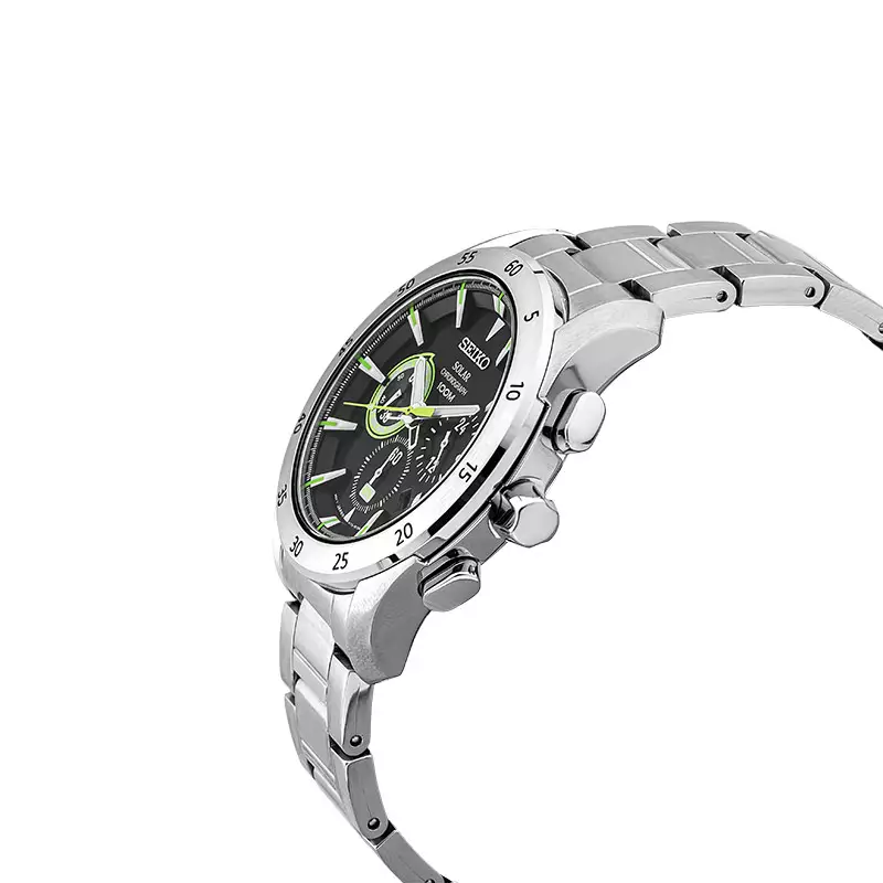 Jam Tangan Pria Seiko Solar SSC177P1 Chronograph Black Dial Stainless Steel Strap