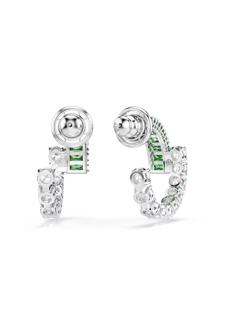 Matrix hoop earrings, Mixed cuts, Green, Rhodium plated