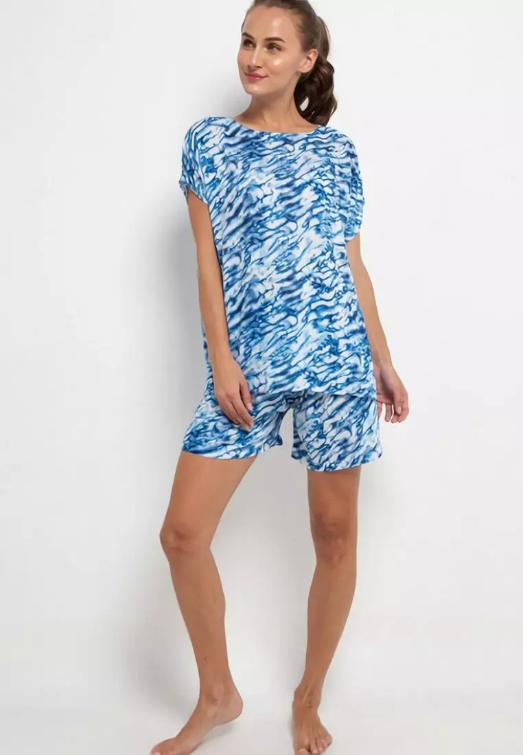 Nade Japan FT060 AMS Baju Tidur Tie Dye Marmer Wanita Set Baju Celana Tidur Biru