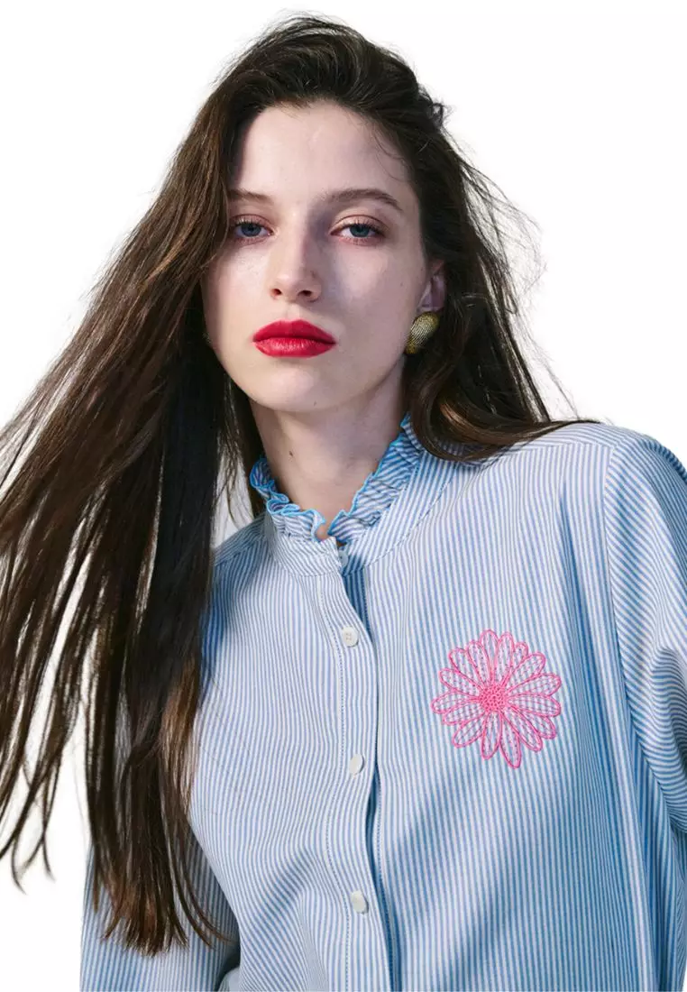 Shirt Frill Collar Stripe Sky Pink